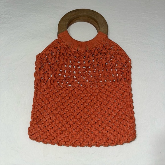 Handbags - Handcrafted Orange Crochet Bag with Wooden Handle